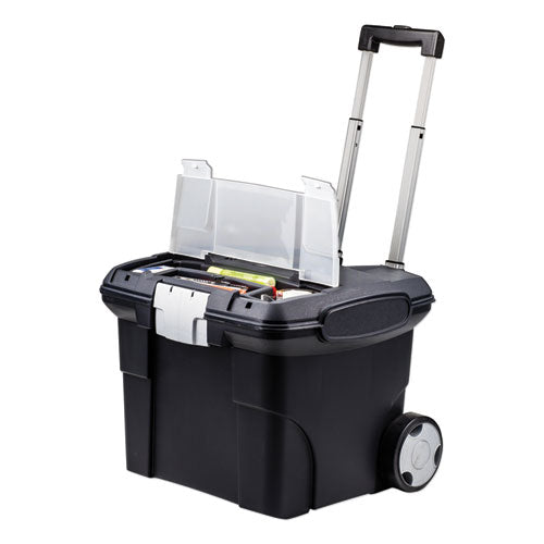 Image of Storex Premium Mobile File Transport Box with Telescoping Handle and Organizer Tray, Letter Files, 15" x 16.38" x 14.25", Black/Gray