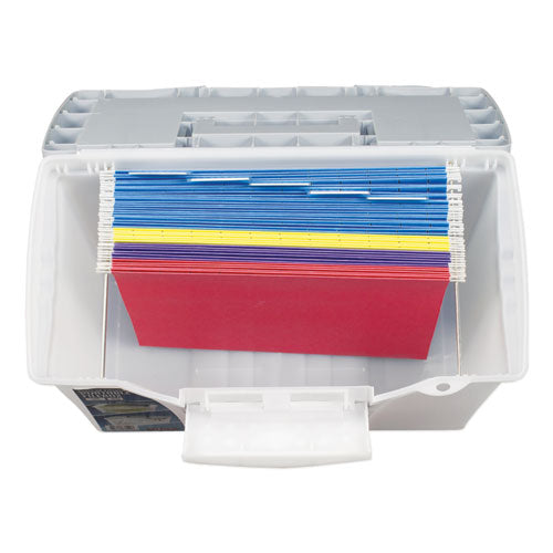 Image of Storex Portable Letter/legal Filebox With Organizer Lid, Letter/legal Files, 14.5" X 10.5" X 12", Clear/silver