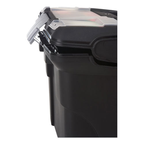 Image of Storex Premium Mobile File Transport Box with Telescoping Handle and Organizer Tray, Letter Files, 15" x 16.38" x 14.25", Black/Gray