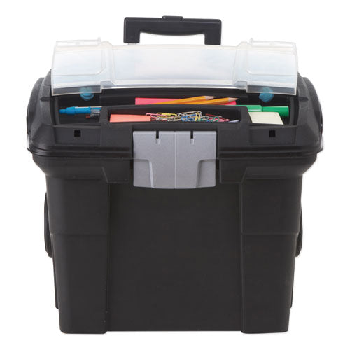 Image of Storex Premium Mobile File Transport Box with Telescoping Handle and Organizer Tray, Letter Files, 15" x 16.38" x 14.25", Black/Gray