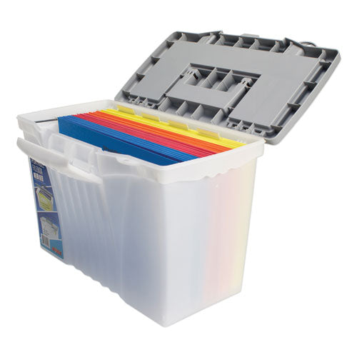 Image of Storex Portable Letter/legal Filebox With Organizer Lid, Letter/legal Files, 14.5" X 10.5" X 12", Clear/silver