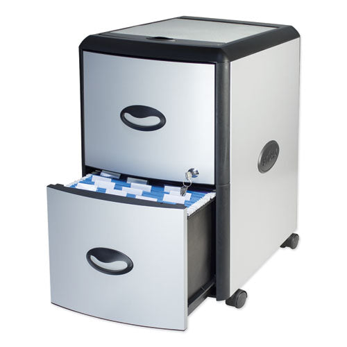 Image of Storex Mobile Filing Cabinet With Metal Siding And Top-Drawer Organizer Tray, 2 Letter File Drawers, Silver/black, 19" X 15" X 23"