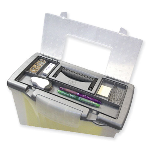Image of Storex Portable Letter/legal Filebox With Organizer Lid, Letter/legal Files, 14.5" X 10.5" X 12", Clear/silver