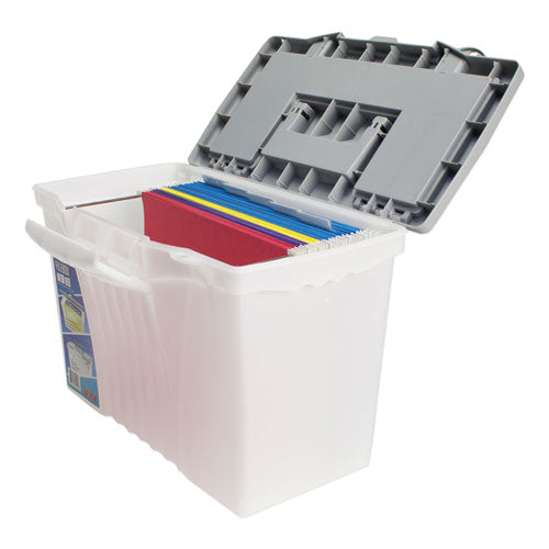 Image of Storex Portable Letter/legal Filebox With Organizer Lid, Letter/legal Files, 14.5" X 10.5" X 12", Clear/silver