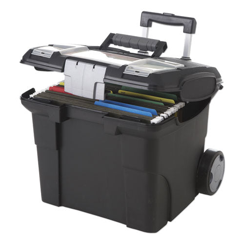 Image of Storex Premium Mobile File Transport Box with Telescoping Handle and Organizer Tray, Letter Files, 15" x 16.38" x 14.25", Black/Gray