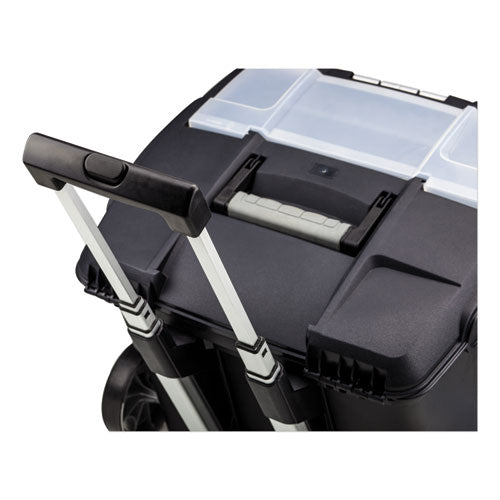 Image of Storex Premium Mobile File Transport Box with Telescoping Handle and Organizer Tray, Letter Files, 15" x 16.38" x 14.25", Black/Gray