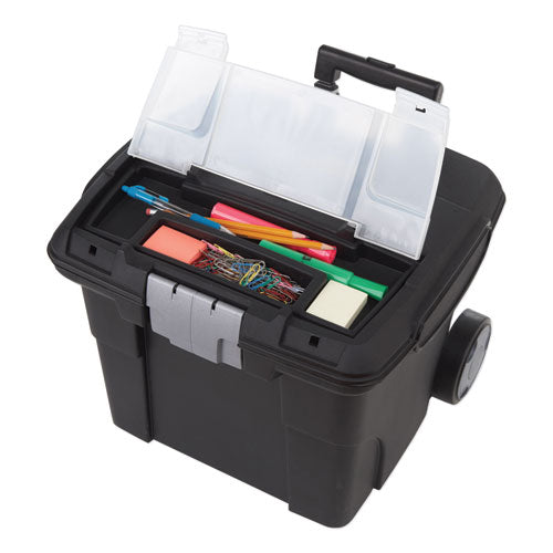 Image of Storex Premium Mobile File Transport Box with Telescoping Handle and Organizer Tray, Letter Files, 15" x 16.38" x 14.25", Black/Gray