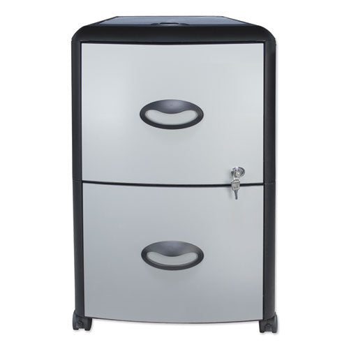 Image of Storex Mobile Filing Cabinet With Metal Siding And Top-Drawer Organizer Tray, 2 Letter File Drawers, Silver/black, 19" X 15" X 23"
