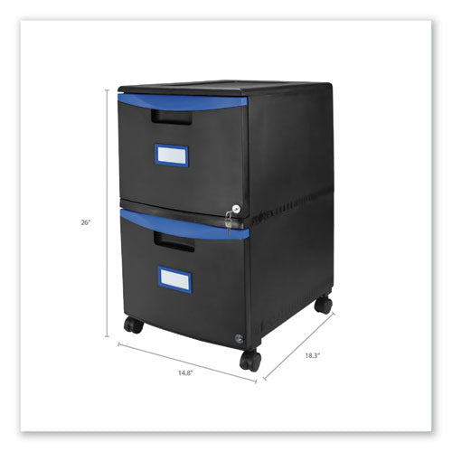 Image of Storex Two-Drawer Mobile Filing Cabinet, 2 Legal/letter-Size File Drawers, Black/blue, 14.75" X 18.25" X 26"