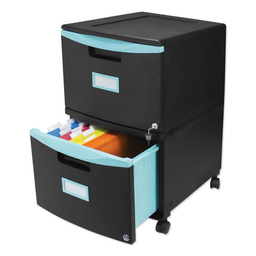 Image of Storex Two-Drawer Mobile Filing Cabinet, 2 Legal/letter-Size File Drawers, Black/teal, 14.75" X 18.25" X 26"