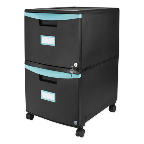 Image of Storex Two-Drawer Mobile Filing Cabinet, 2 Legal/letter-Size File Drawers, Black/teal, 14.75" X 18.25" X 26"