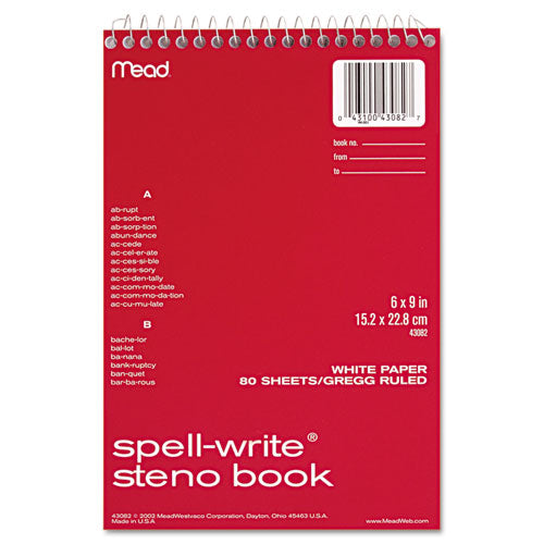 Image of Mead® Spell-Write Wirebound Steno Pad, Gregg Rule, Randomly Assorted Cover Colors, 80 White 6 X 9 Sheets