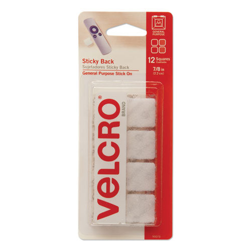 Image of VELCRO® Brand Sticky-Back Fasteners, Removable Adhesive, 0.88" X 0.88", White, 12/pack