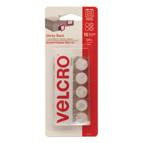 Image of VELCRO® Brand Sticky-Back Fasteners, Removable Adhesive, 0.63" Dia, White, 15/pack