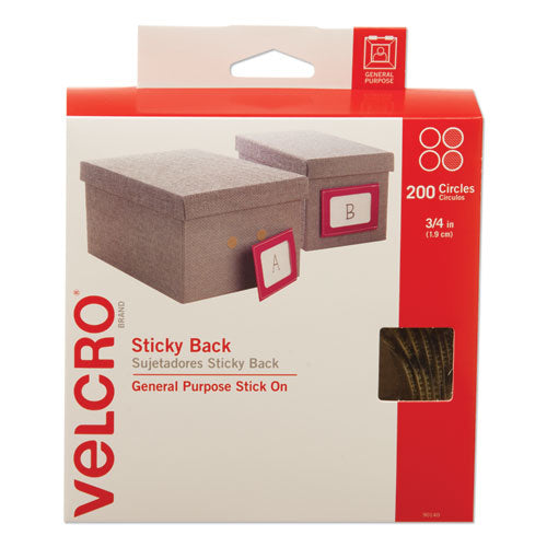 Image of VELCRO® Brand Sticky-Back Fasteners With Dispenser Box, Removable Adhesive, 0.75" Dia, Beige, 200/roll
