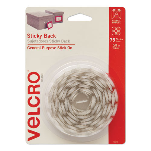 Image of VELCRO® Brand Sticky-Back Fasteners, Removable Adhesive, 0.63" Dia, White, 75/pack