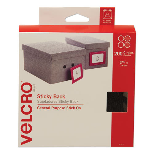 Image of VELCRO® Brand Sticky-Back Fasteners, Removable Adhesive, 0.75" Dia, Black, 200/box