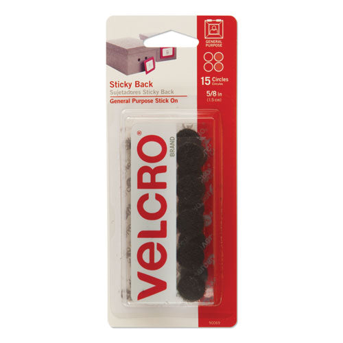 Image of VELCRO® Brand Sticky-Back Fasteners, Removable Adhesive, 0.63" Dia, Black, 15/pack
