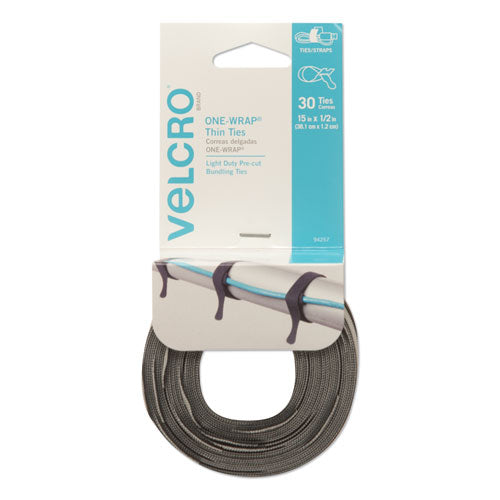 Image of VELCRO® Brand One-Wrap Pre-Cut Thin Ties, 0.5" X 15", Black/gray, 30/pack