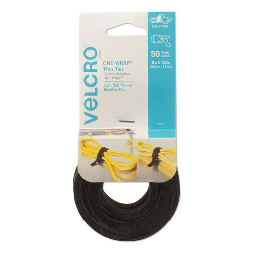 Image of VELCRO® Brand One-Wrap Pre-Cut Thin Ties, 0.5" X 8", Black, 50/pack