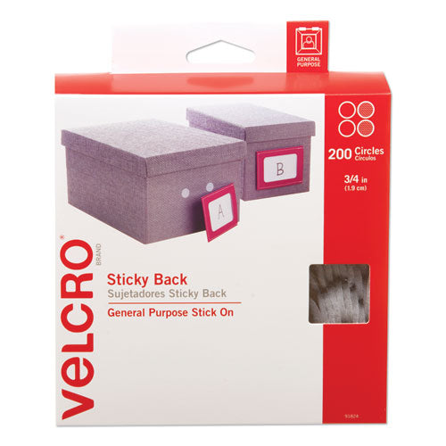 Image of VELCRO® Brand Sticky-Back Fasteners, Removable Adhesive, 0.75" Dia, White, 200/box