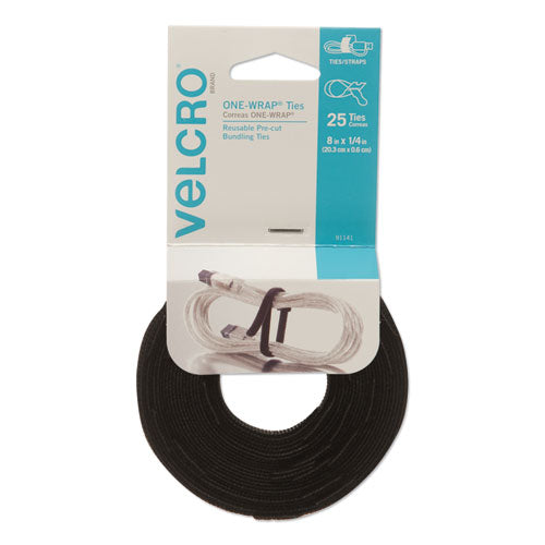 Image of VELCRO® Brand One-Wrap Pre-Cut Thin Ties, 0.25" X 8", Black, 25/pack