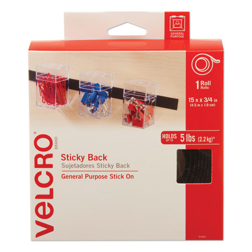 Image of VELCRO® Brand Sticky-Back Fasteners With Dispenser, Removable Adhesive, 0.75" X 15 Ft, Black