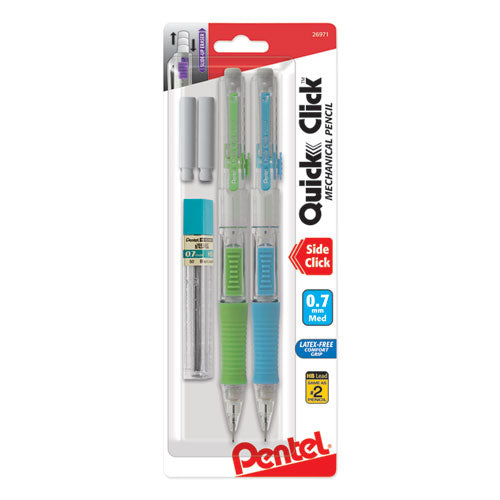 Image of Pentel® QUICK CLICK Mechanical Pencils with Tube of Lead/Erasers, 0.7 mm, HB (#2), Black Lead, Assorted Barrel Colors, 2/Pack