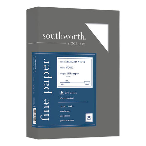 Image of Southworth® 25% Cotton Diamond White Business Paper, 95 Bright, 20 lb Bond Weight, 8.5 x 11, 500/Ream