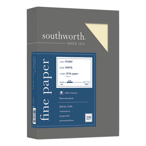 Image of Southworth® 100% Cotton Business Paper, 32 lb Bond Weight, 8.5 x 11, Ivory, 250/Pack