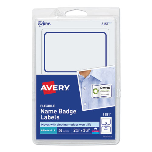 Image of Avery® Flexible Adhesive Name Badge Labels, 3.38 X 2.33, White/blue Border, 40/pack