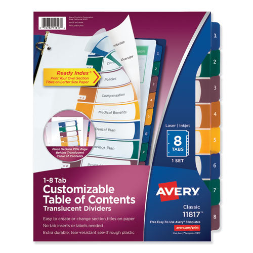 Image of Avery® Customizable Table Of Contents Ready Index Dividers With Multicolor Tabs, 8-Tab, 1 To 8, 11 X 8.5, Translucent, 1 Set