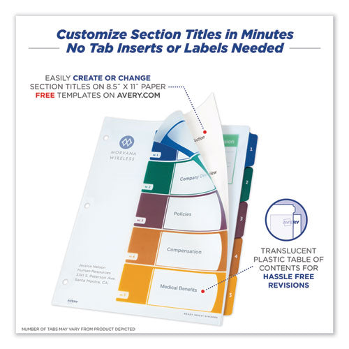 Image of Avery® Customizable Table Of Contents Ready Index Dividers With Multicolor Tabs, 5-Tab, 1 To 5, 11 X 8.5, Translucent, 1 Set