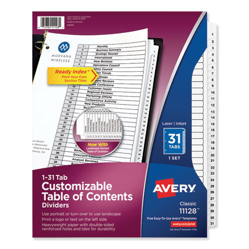 Image of Avery® Customizable TOC Ready Index Black and White Dividers, 31-Tab, 1 to 31, 11 x 8.5, 1 Set