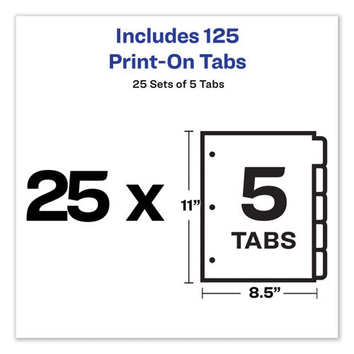 Image of Avery® Customizable Print-On Dividers, 3-Hole Punched, 5-Tab, 11 x 8.5, White, 25 Sets