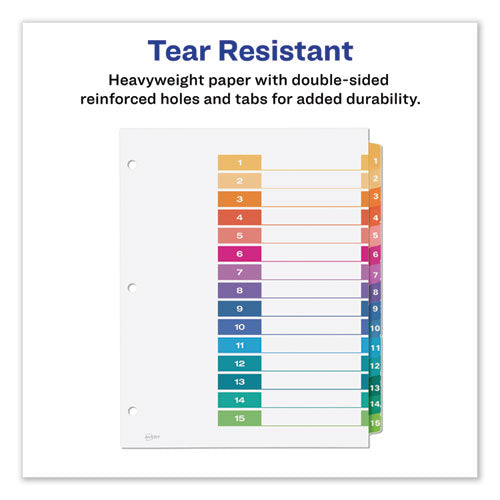 Image of Avery® Customizable TOC Ready Index Multicolor Tab Dividers, 15-Tab, 1 to 15, 11 x 8.5, White, Traditional Color Tabs, 1 Set