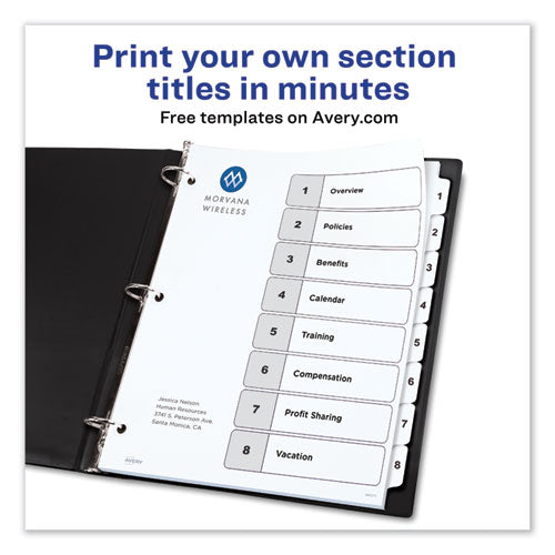Image of Avery® Customizable TOC Ready Index Black and White Dividers, 8-Tab, 1 to 8, 11 x 8.5, 1 Set
