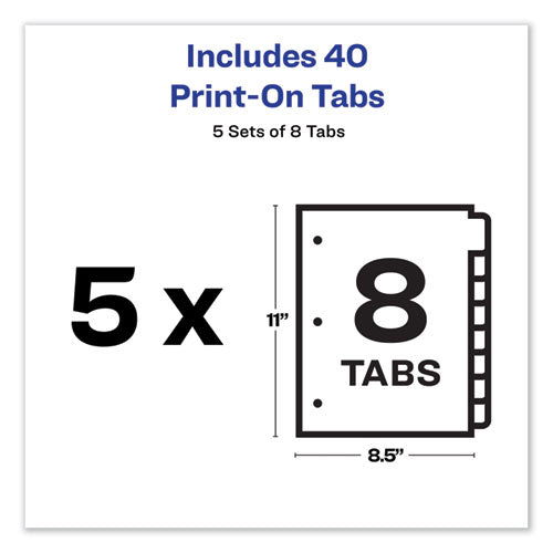 Image of Avery® Customizable Print-On Dividers, 3-Hole Punched, 8-Tab, 11 x 8.5, White, 5 Sets