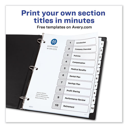 Image of Avery® Customizable TOC Ready Index Black and White Dividers, 10-Tab, 1 to 10, 11 x 8.5, 1 Set