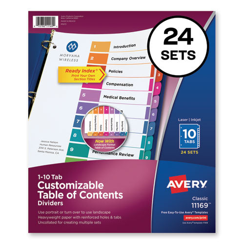Image of Avery® Customizable TOC Ready Index Multicolor Tab Dividers, Uncollated, 10-Tab, 1 to 10, 11 x 8.5, White, 24 Sets