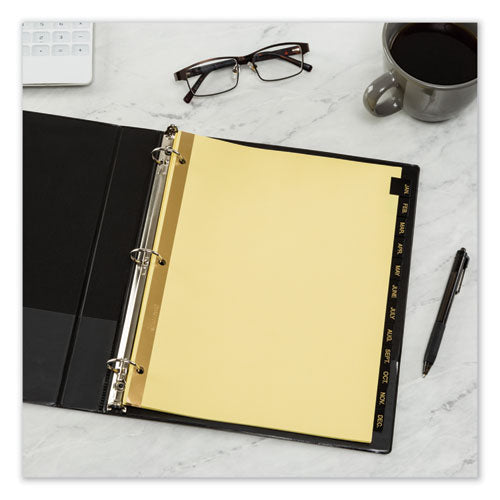Image of Avery® Preprinted Black Leather Tab Dividers w/Gold Reinforced Edge, 12-Tab, Jan. to Dec., 11 x 8.5, Buff, 1 Set