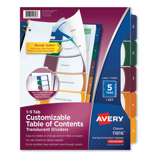 Image of Avery® Customizable Table Of Contents Ready Index Dividers With Multicolor Tabs, 5-Tab, 1 To 5, 11 X 8.5, Translucent, 1 Set