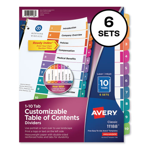 Image of Avery® Customizable TOC Ready Index Multicolor Tab Dividers, 10-Tab, 1 to 10, 11 x 8.5, White, Traditional Color Tabs, 6 Sets