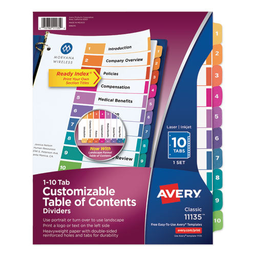 Image of Avery® Customizable TOC Ready Index Multicolor Tab Dividers, 10-Tab, 1 to 10, 11 x 8.5, White, Traditional Color Tabs, 1 Set