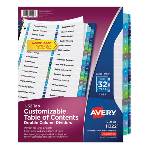 Image of Avery® Customizable TOC Ready Index Double Column Multicolor Tab Dividers, 32-Tab, 1 to 32, 11 x 8.5, White, 1 Set