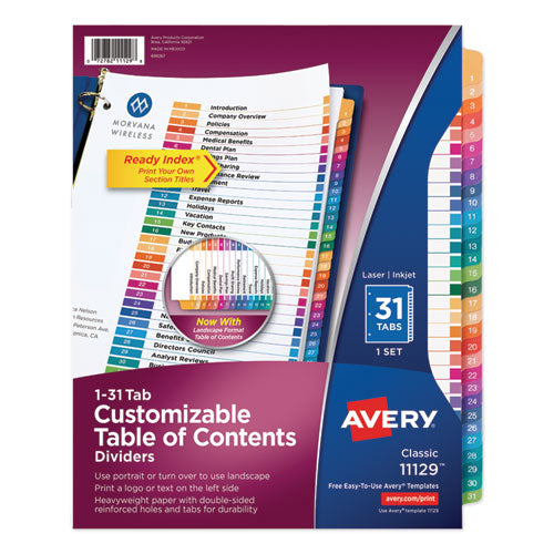 Image of Avery® Customizable TOC Ready Index Multicolor Tab Dividers, 31-Tab, 1 to 31, 11 x 8.5, White, Traditional Color Tabs, 1 Set