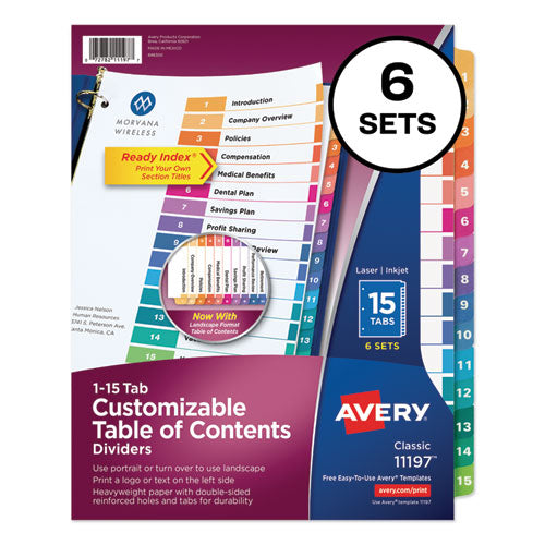 Image of Avery® Customizable TOC Ready Index Multicolor Tab Dividers, 15-Tab, 1 to 15, 11 x 8.5, White, Traditional Color Tabs, 6 Sets