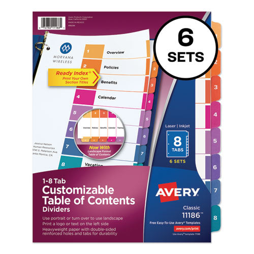 Image of Avery® Customizable TOC Ready Index Multicolor Tab Dividers, 8-Tab, 1 to 8, 11 x 8.5, White, Traditional Color Tabs, 6 Sets