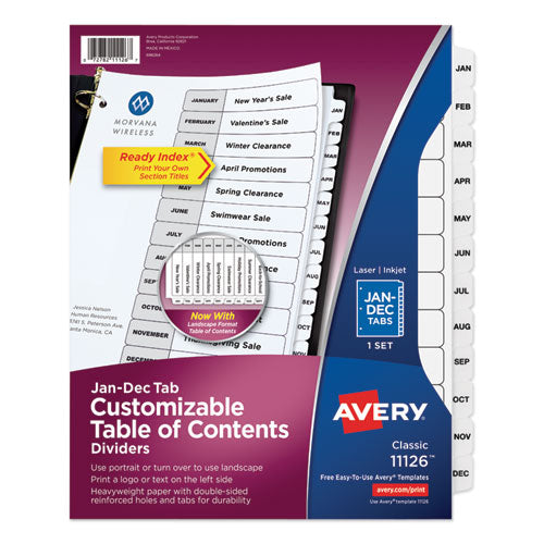 Image of Avery® Customizable TOC Ready Index Black and White Dividers, 12-Tab, Jan. to Dec., 11 x 8.5, 1 Set
