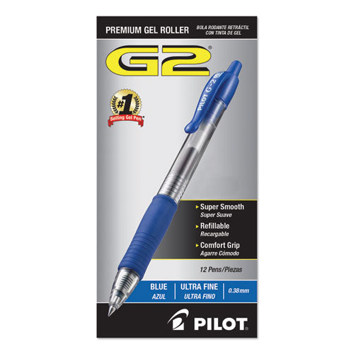 Image of Pilot® G2 Premium Gel Pen Convenience Pack, Retractable, Extra-Fine 0.38 mm, Blue Ink, Smoke/Blue Barrel, Dozen